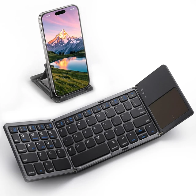 Main image of Foldable Keyboard with Touchpad for Phone and Tablet, Ultra Slim Compact | 3-Device Bluetooth Switching, Multi-touch Trackpad, Full Shortcut Row, Phone Holder, USB-C Charging, Travel & Mobile Work
