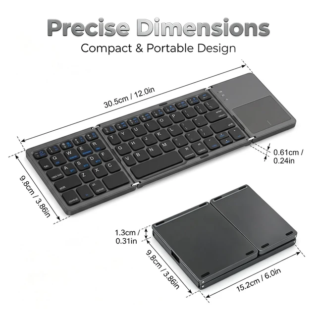 Alt view image 5 of 7 - Foldable Keyboard with Touchpad for Phone and Tablet, Ultra Slim Compact | 3-Device Bluetooth Switching, Multi-touch Trackpad, Full Shortcut Row, Phone Holder, USB-C Charging, Travel & Mobile Work