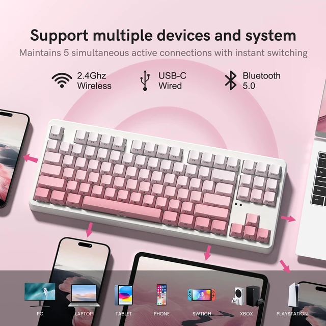 Alt view image 2 of 6 - FL ESPORTS NX87 Military-Grade Wireless Mechanical Keyboard - 110-Day Battery Life, Hot-Swappable Switches, Triple Mode 5-Device, Thock Sound & RGB (Win/Mac/iOS/Android) Gradient Pink