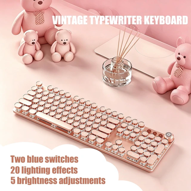 Alt view image 4 of 7 - Hnjugfe Pink 104 Keys Retro Typewriter Keyboard, Wired USB Keyboard with Round Keycaps & LED Backlit, Aesthetic Keyboard for Office Home Gaming, Compatible with PC Laptop Mac Windows