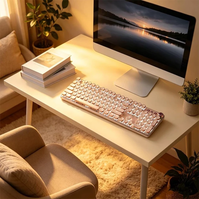 Alt view image 6 of 7 - Hnjugfe Pink 104 Keys Retro Typewriter Keyboard, Wired USB Keyboard with Round Keycaps & LED Backlit, Aesthetic Keyboard for Office Home Gaming, Compatible with PC Laptop Mac Windows