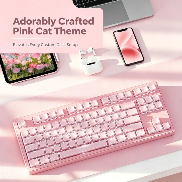 Alt view image 3 of 7 - Crystal Jelly Keycaps, Pink MOA Profile, Shine Through Keycap Set Cute Cat | 132 Keys PBT Side Printed, Compatiability Mechanical Keyboard Keycaps for 100%, 75%, 65%, 60% Mx Switches Keyboard, EWEADN