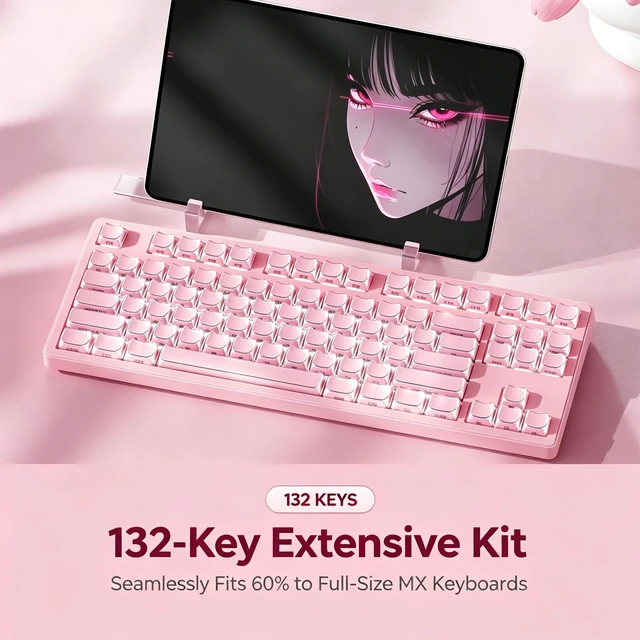Alt view image 6 of 7 - Crystal Jelly Keycaps, Pink MOA Profile, Shine Through Keycap Set Cute Cat | 132 Keys PBT Side Printed, Compatiability Mechanical Keyboard Keycaps for 100%, 75%, 65%, 60% Mx Switches Keyboard, EWEADN