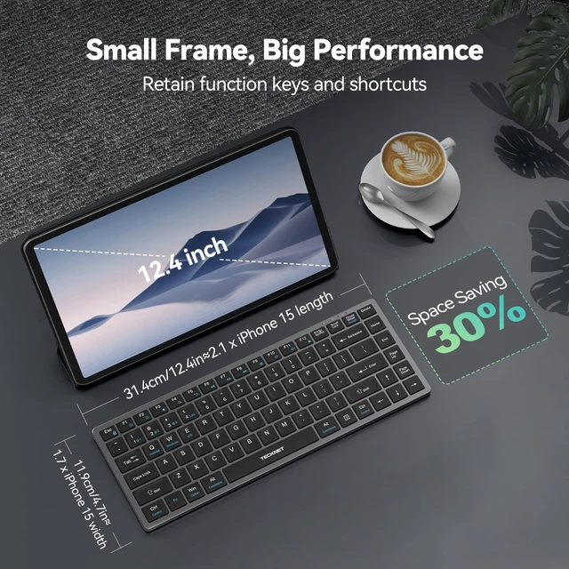 Alt view image 3 of 7 - TECKNET Bluetooth Keyboard Rechargeable, 4-Device (2.4G+3BT) Small Keyboard | Wireless Ultra Slim Keyboard, 14 Hotkeys Computer Keyboard for PC/Laptop/Tablet/iPad, Grayish-black