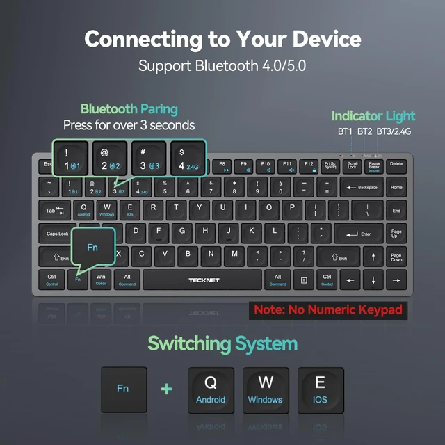 Alt view image 6 of 7 - TECKNET Bluetooth Keyboard Rechargeable, 4-Device (2.4G+3BT) Small Keyboard | Wireless Ultra Slim Keyboard, 14 Hotkeys Computer Keyboard for PC/Laptop/Tablet/iPad, Grayish-black