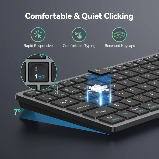 Alt view image 5 of 7 - TECKNET Bluetooth Keyboard Rechargeable, 4-Device (2.4G+3BT) Small Keyboard | Wireless Ultra Slim Keyboard, 14 Hotkeys Computer Keyboard for PC/Laptop/Tablet/iPad, Grayish-black
