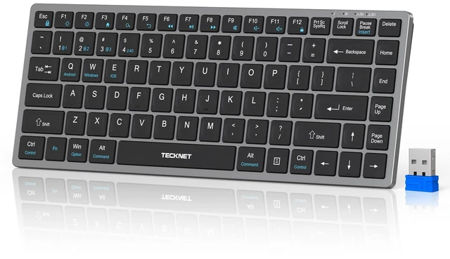Main image of TECKNET Bluetooth Keyboard Rechargeable, 4-Device (2.4G+3BT) Small Keyboard | Wireless Ultra Slim Keyboard, 14 Hotkeys Computer Keyboard for PC/Laptop/Tablet/iPad, Grayish-black
