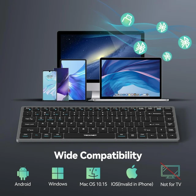 Alt view image 7 of 7 - TECKNET Bluetooth Keyboard Rechargeable, 4-Device (2.4G+3BT) Small Keyboard | Wireless Ultra Slim Keyboard, 14 Hotkeys Computer Keyboard for PC/Laptop/Tablet/iPad, Grayish-black