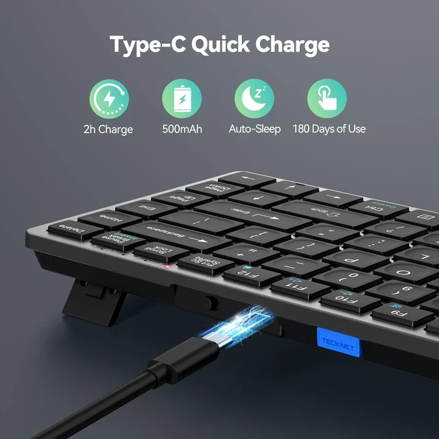 Alt view image 4 of 7 - TECKNET Bluetooth Keyboard Rechargeable, 4-Device (2.4G+3BT) Small Keyboard | Wireless Ultra Slim Keyboard, 14 Hotkeys Computer Keyboard for PC/Laptop/Tablet/iPad, Grayish-black