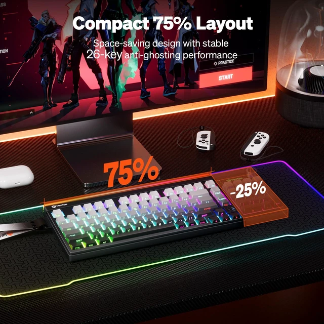 Alt view image 6 of 7 - MEETION Vibekey75 Wireless Gaming Keyboard, 75-Key Tri-Mode RGB, Black | Bluetooth 5.0, 2.4G and USB-C connectivity, RGB light bar, side-printed membrane keycaps with mechanical feel