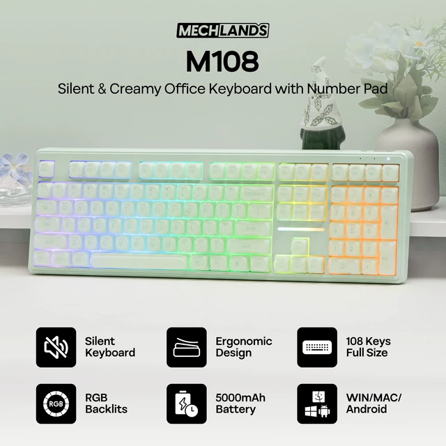 Alt view image 2 of 7 - MechLands M108 100% Full Size Silent Office Keyboard with Number Pad | Wireless Creamy Membrane Keyboard with 5000mAh Battery for Office/Home/PC Game, RGB Backlight, 26-Key Rollover (Green)