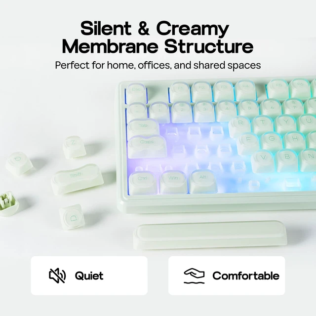 Alt view image 5 of 7 - MechLands M108 100% Full Size Silent Office Keyboard with Number Pad | Wireless Creamy Membrane Keyboard with 5000mAh Battery for Office/Home/PC Game, RGB Backlight, 26-Key Rollover (Green)