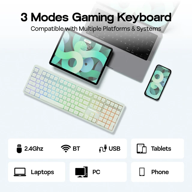 Alt view image 6 of 7 - MechLands M108 100% Full Size Silent Office Keyboard with Number Pad | Wireless Creamy Membrane Keyboard with 5000mAh Battery for Office/Home/PC Game, RGB Backlight, 26-Key Rollover (Green)