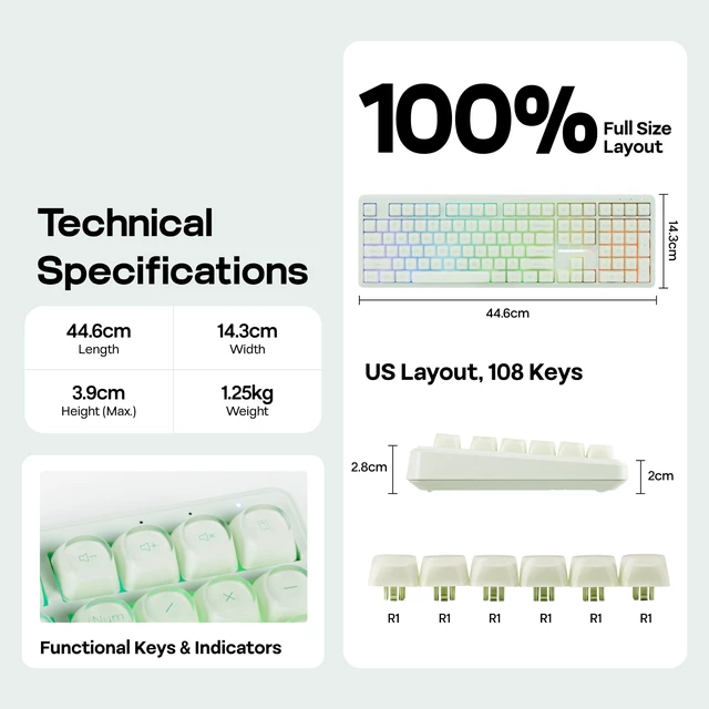 Alt view image 7 of 7 - MechLands M108 100% Full Size Silent Office Keyboard with Number Pad | Wireless Creamy Membrane Keyboard with 5000mAh Battery for Office/Home/PC Game, RGB Backlight, 26-Key Rollover (Green)