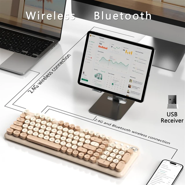 Alt view image 4 of 6 - Links9+ Wireless Bluetooth Keyboard, 2.4GHz Receiver(Milk Tea) | Long Battery Life, 2.4G & Bluetooth Dual-Mode Keyboard Compatible with Windows, macOS, iPad, PC, Laptop, Tablet