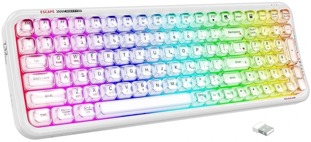 Main image of FOPETT Wireless Computer Keyboard with RGB Backlit, Tri-Mode Bluetooth 5.0/USB-C/2.4GHz Ergonomic Gaming Keyboard - Full-Size Rechargeable Transparent Keycap for Laptop/Windows/PC - White
