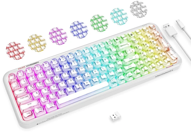 Alt view image 6 of 6 - FOPETT Wireless Computer Keyboard with RGB Backlit, Tri-Mode Bluetooth 5.0/USB-C/2.4GHz Ergonomic Gaming Keyboard - Full-Size Rechargeable Transparent Keycap for Laptop/Windows/PC - White