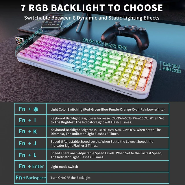Alt view image 5 of 6 - FOPETT Wireless Computer Keyboard with RGB Backlit, Tri-Mode Bluetooth 5.0/USB-C/2.4GHz Ergonomic Gaming Keyboard - Full-Size Rechargeable Transparent Keycap for Laptop/Windows/PC - White