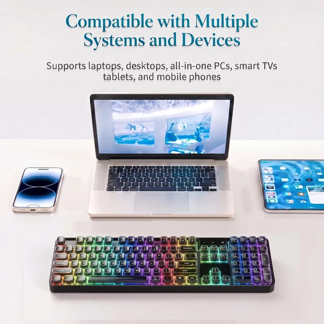 Alt view image 3 of 7 - Lomiluskr RGB Arc Wireless Keyboard, BT/2.4G/Wired Tri-Mode, Full Size Crystal Texture Translucent Jelly Keycaps, 2000mAh Rechargeable, Compatible with PC/Notebook/Tablet/Smartphone (Black)