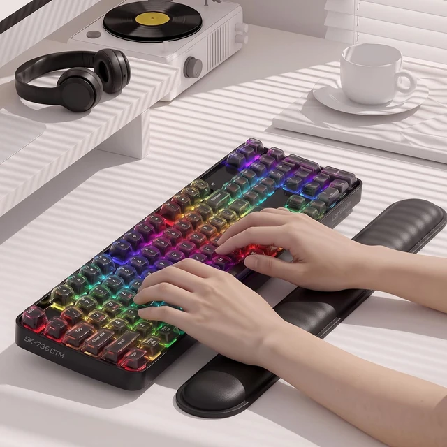 Alt view image 5 of 7 - Lomiluskr RGB Arc Wireless Keyboard, BT/2.4G/Wired Tri-Mode, Full Size Crystal Texture Translucent Jelly Keycaps, 2000mAh Rechargeable, Compatible with PC/Notebook/Tablet/Smartphone (Black)