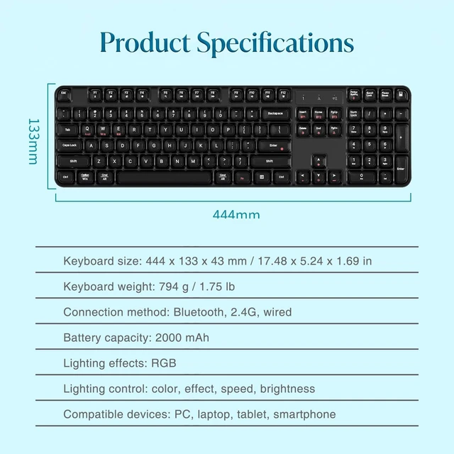 Alt view image 6 of 7 - Lomiluskr RGB Arc Wireless Keyboard, BT/2.4G/Wired Tri-Mode, Full Size Crystal Texture Translucent Jelly Keycaps, 2000mAh Rechargeable, Compatible with PC/Notebook/Tablet/Smartphone (Black)