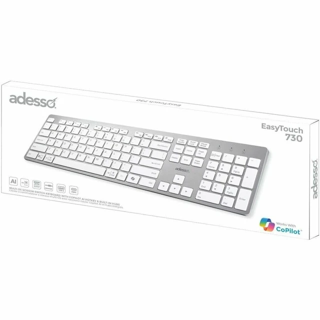 Alt view image 2 of 2 - Adesso EasyTouch 730UW USB-C Multi OS Scissor Switch Keyboard with Copilot AI Hotkey and USB-C, USB-A, 3.5mm Aux Ports