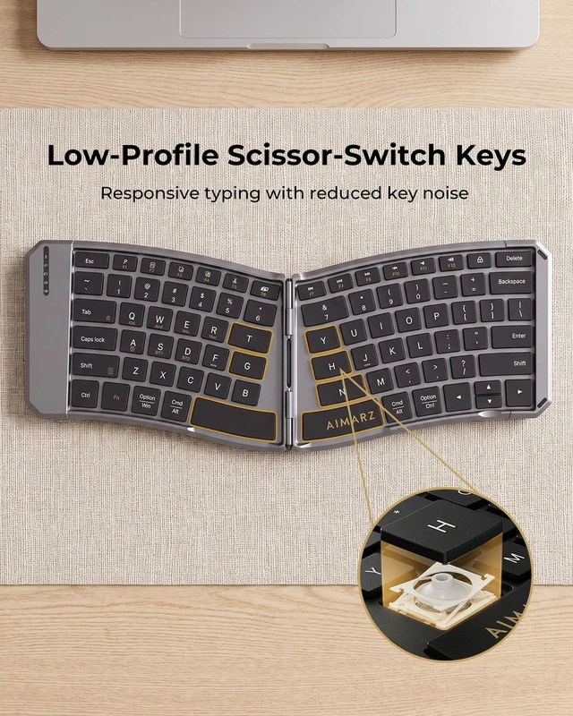 Alt view image 5 of 7 - AIMARZ AF02 Ergonomic Split Foldable Keyboard, Bluetooth, Black | Ergonomic Split Typing, Fold-in-half Portability, Bluetooth/2.4 GHz, 3-device Switching, Riser Feet, PU Pouch and Stand