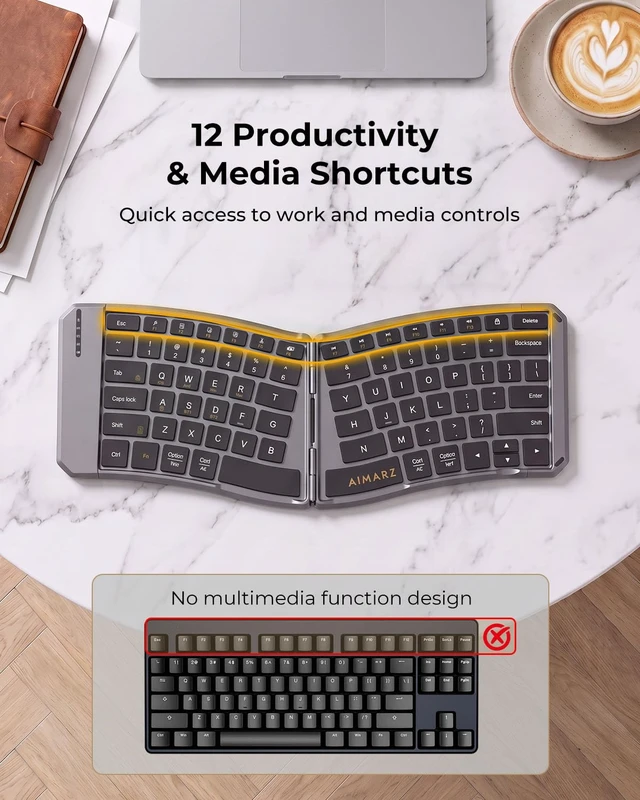 Alt view image 6 of 7 - AIMARZ AF02 Ergonomic Split Foldable Keyboard, Bluetooth, Black | Ergonomic Split Typing, Fold-in-half Portability, Bluetooth/2.4 GHz, 3-device Switching, Riser Feet, PU Pouch and Stand