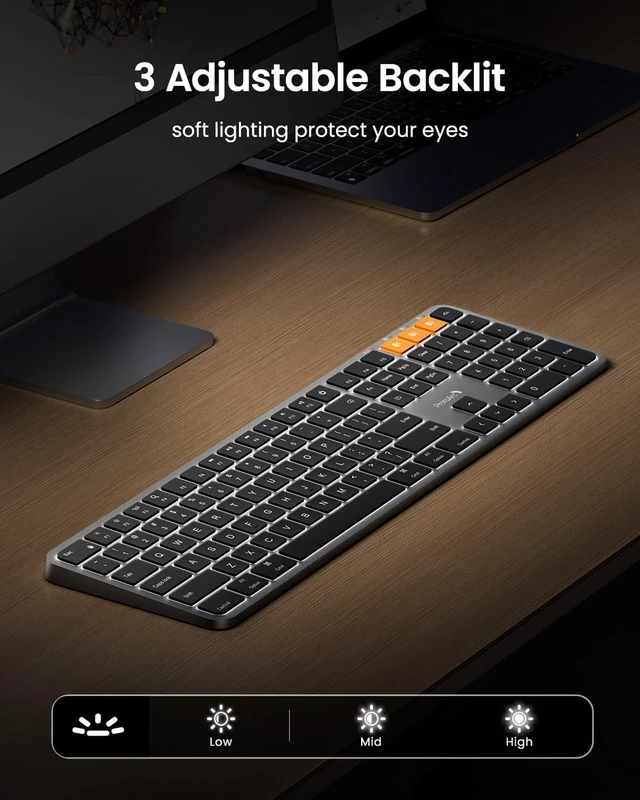 Alt view image 3 of 7 - ProtoArc K100-A Backlit Wireless Bluetooth Keyboard for Mac, Space Gray | Full-Size Mac Layout with Numeric Keypad, 3-Level White Led Backlight, 3-Device Bluetooth, Rechargeable Keyboard, No USB