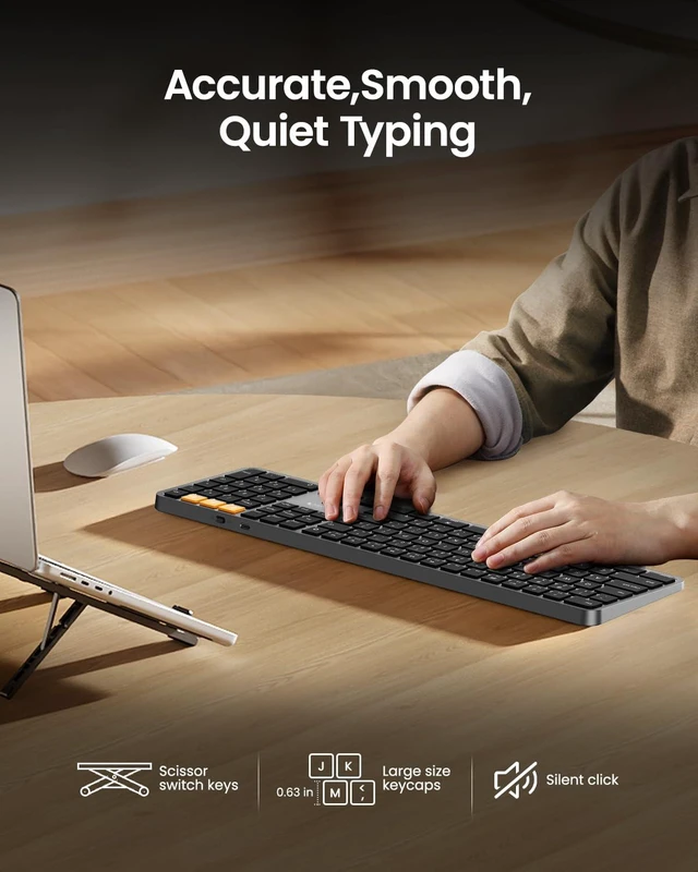 Alt view image 5 of 7 - ProtoArc K100-A Backlit Wireless Bluetooth Keyboard for Mac, Space Gray | Full-Size Mac Layout with Numeric Keypad, 3-Level White Led Backlight, 3-Device Bluetooth, Rechargeable Keyboard, No USB