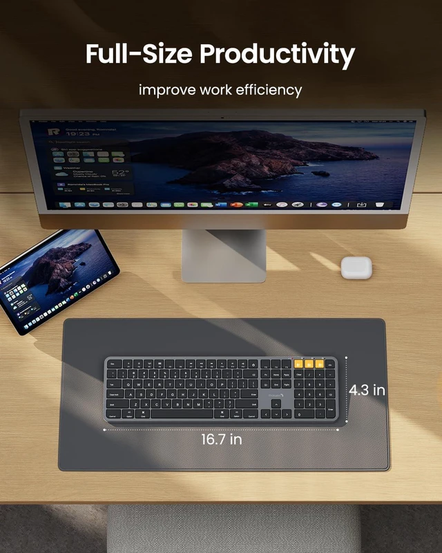Alt view image 6 of 7 - ProtoArc K100-A Backlit Wireless Bluetooth Keyboard for Mac, Space Gray | Full-Size Mac Layout with Numeric Keypad, 3-Level White Led Backlight, 3-Device Bluetooth, Rechargeable Keyboard, No USB