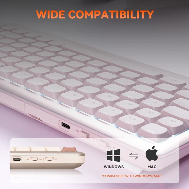 Alt view image 3 of 7 - DAREU Low Profile Keyboard,84 Keys Mac Keyboard,Programmable Keys Keyboards | Hot Swappable Wireless Computer Keyboard RGB Backlit, Gasket Mounted, Support Bt / 2.4GHz / USB-C for Windows Mac (Pink)