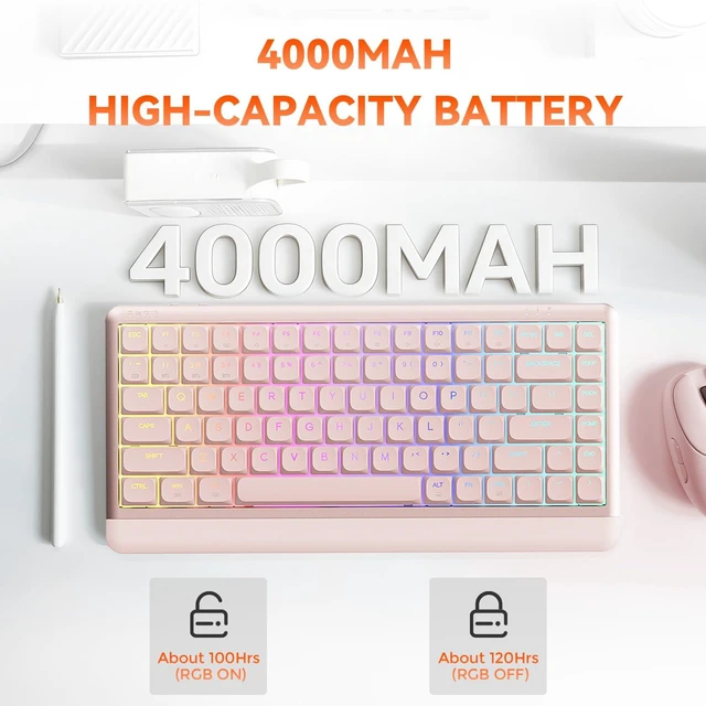 Alt view image 7 of 7 - DAREU Low Profile Keyboard,84 Keys Mac Keyboard,Programmable Keys Keyboards | Hot Swappable Wireless Computer Keyboard RGB Backlit, Gasket Mounted, Support Bt / 2.4GHz / USB-C for Windows Mac (Pink)