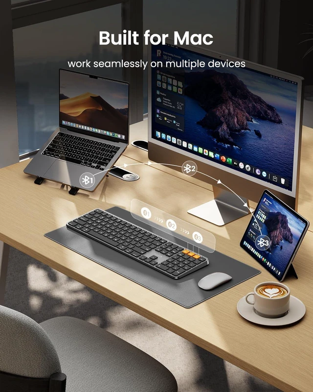 Alt view image 2 of 7 - ProtoArc K100-A Backlit Wireless Bluetooth Keyboard for Mac, Space Gray | Full-Size Mac Layout with Numeric Keypad, 3-Level White Led Backlight, 3-Device Bluetooth, Rechargeable Keyboard, No USB
