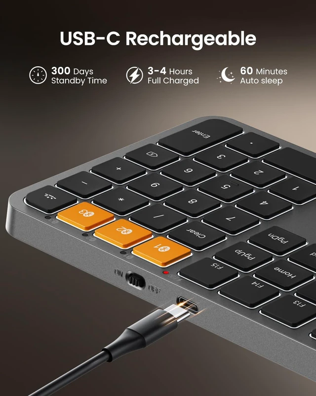 Alt view image 4 of 7 - ProtoArc K100-A Backlit Wireless Bluetooth Keyboard for Mac, Space Gray | Full-Size Mac Layout with Numeric Keypad, 3-Level White Led Backlight, 3-Device Bluetooth, Rechargeable Keyboard, No USB