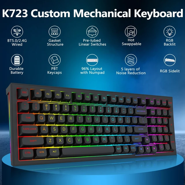 Alt view image 2 of 7 - Redragon K723 Wireless Mechanical Gaming Keyboard, Creamy Switches, Black | Bluetooth/2.4G/USB-C Wired, RGB Backlit, Hot Swappable Pre-lubed, 96% Custom Gasket Structure for PC/Mac/PS/Xbox