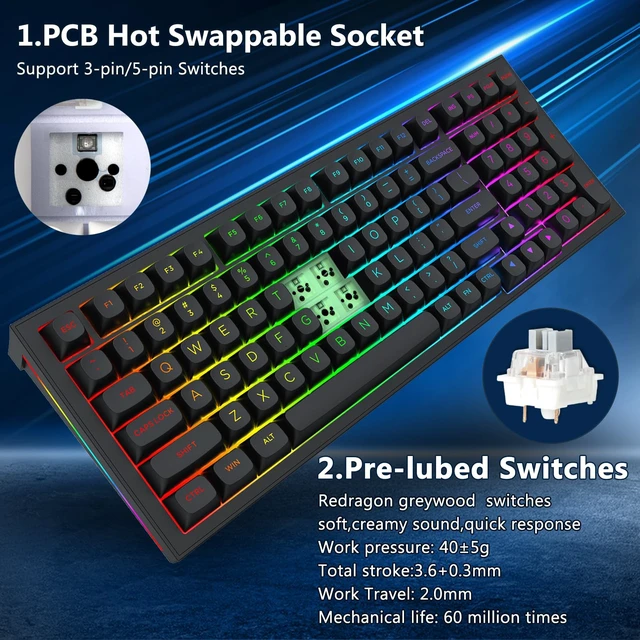 Alt view image 4 of 7 - Redragon K723 Wireless Mechanical Gaming Keyboard, Creamy Switches, Black | Bluetooth/2.4G/USB-C Wired, RGB Backlit, Hot Swappable Pre-lubed, 96% Custom Gasket Structure for PC/Mac/PS/Xbox