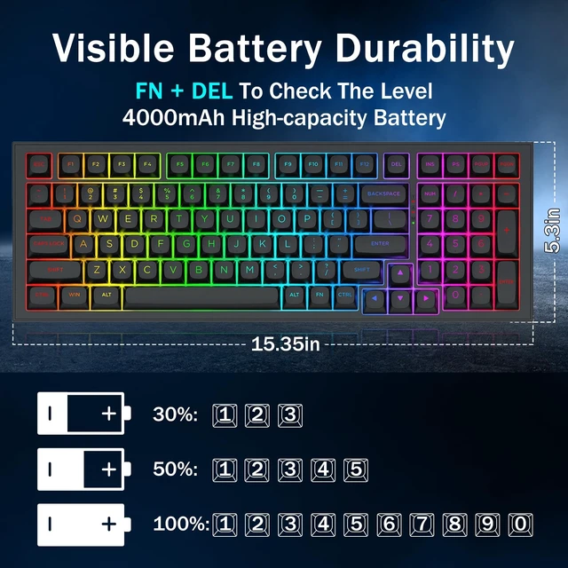 Alt view image 7 of 7 - Redragon K723 Wireless Mechanical Gaming Keyboard, Creamy Switches, Black | Bluetooth/2.4G/USB-C Wired, RGB Backlit, Hot Swappable Pre-lubed, 96% Custom Gasket Structure for PC/Mac/PS/Xbox