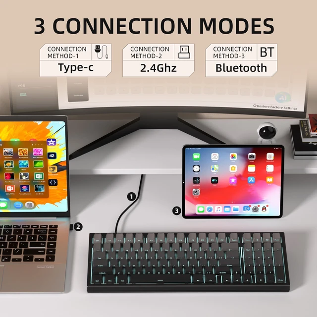 Alt view image 4 of 5 - KEYCOOL Y98 Wireless Gaming Keyboard Red RGB Triple Mode Hot Swappable Mechanical Keypad Gasket Creamy Custom Keyboards Full Keyboards Quiet White Switch for Win/MAC