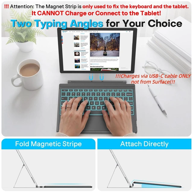 Alt view image 3 of 7 - Keyboard for Microsoft Surface Pro 7/7+/6/5/4/3 (12.3 Inch ONLY), Bluetooth | Wireless Type Cover with Trackpad, USB-C Rechargeable ONLY (Not Magnetic Charging), 7-Color Backlit, Portable