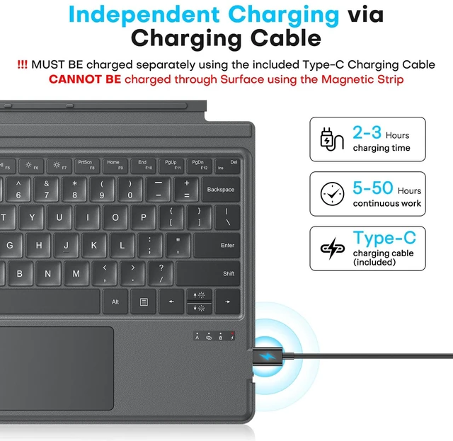 Alt view image 6 of 7 - Keyboard for Microsoft Surface Pro 7/7+/6/5/4/3 (12.3 Inch ONLY), Bluetooth | Wireless Type Cover with Trackpad, USB-C Rechargeable ONLY (Not Magnetic Charging), 7-Color Backlit, Portable
