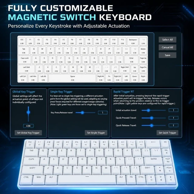 Alt view image 4 of 7 - SOTRUST S68 Magnetic Switch Keyboard Hot-swappable keycaps Switch Puller Included8000Hz Polling Rate0.2ms Latency Wried White Topographic Pattern