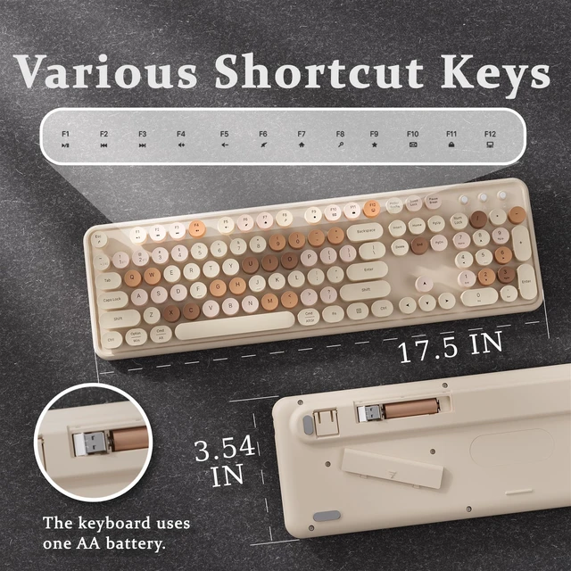 Alt view image 6 of 6 - Cloud-W Colorful Wireless Bluetooth Keyboard (Milk-Tea Colorful) | Cloud-W 2.4G/Bluetooth Dual-Mode Wireless, 104-Key Full-Size, Typewriter Round Keycaps, Compatible with Windows, Mac, PC