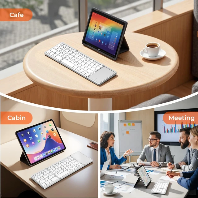 Alt view image 7 of 7 - MEETION Foldable Bluetooth Keyboard with Touchpad, Slim Portable White