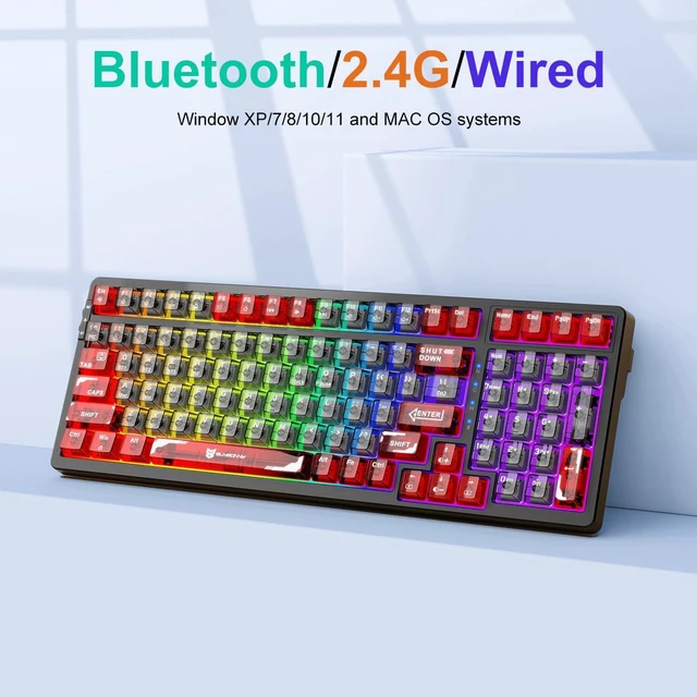 Alt view image 4 of 7 - Qisan Wireless/Wired Mechanical Keyboard, Triple Mode 2.4G/USB-C/BT Gaming Keyboard, 100 Keys US Layout RGB Backlit, Rechargeable Wired Keyboard Red & Black Combo Color