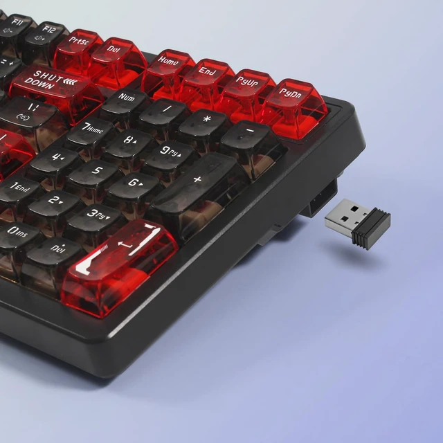 Alt view image 7 of 7 - Qisan Wireless/Wired Mechanical Keyboard, Triple Mode 2.4G/USB-C/BT Gaming Keyboard, 100 Keys US Layout RGB Backlit, Rechargeable Wired Keyboard Red & Black Combo Color