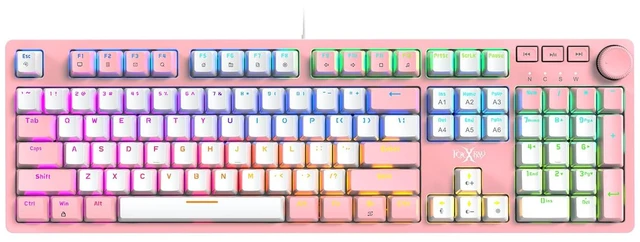 Main image of FOXXRAY HKM-95 Wired Mechanical Gaming Keyboard, Full-Size RGB Backlit with Media Control Knob, Standard Clicky Blue Switches, USB Plug and Play for PC/Mac/Windows - Pink & White