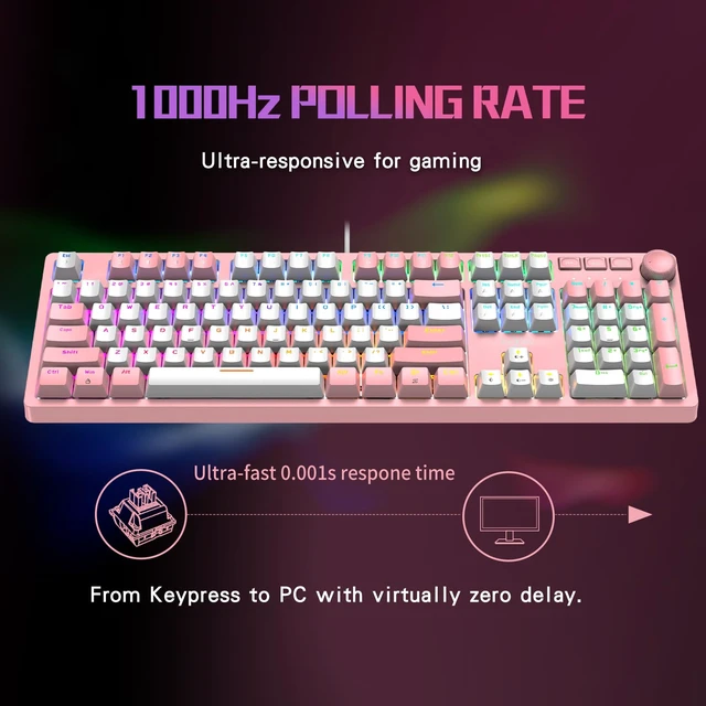 Alt view image 3 of 7 - FOXXRAY HKM-95 Wired Mechanical Gaming Keyboard, Full-Size RGB Backlit with Media Control Knob, Standard Clicky Blue Switches, USB Plug and Play for PC/Mac/Windows - Pink & White