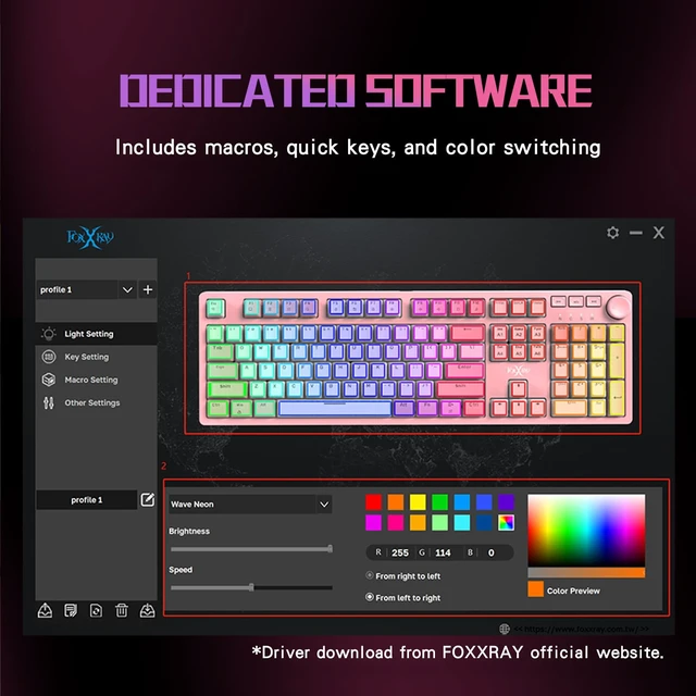 Alt view image 5 of 7 - FOXXRAY HKM-95 Wired Mechanical Gaming Keyboard, Full-Size RGB Backlit with Media Control Knob, Standard Clicky Blue Switches, USB Plug and Play for PC/Mac/Windows - Pink & White