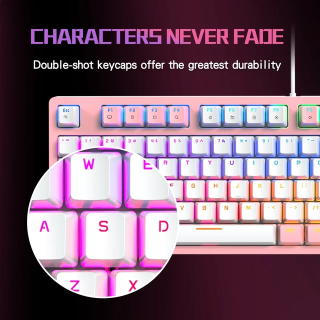 Alt view image 6 of 7 - FOXXRAY HKM-95 Wired Mechanical Gaming Keyboard, Full-Size RGB Backlit with Media Control Knob, Standard Clicky Blue Switches, USB Plug and Play for PC/Mac/Windows - Pink & White